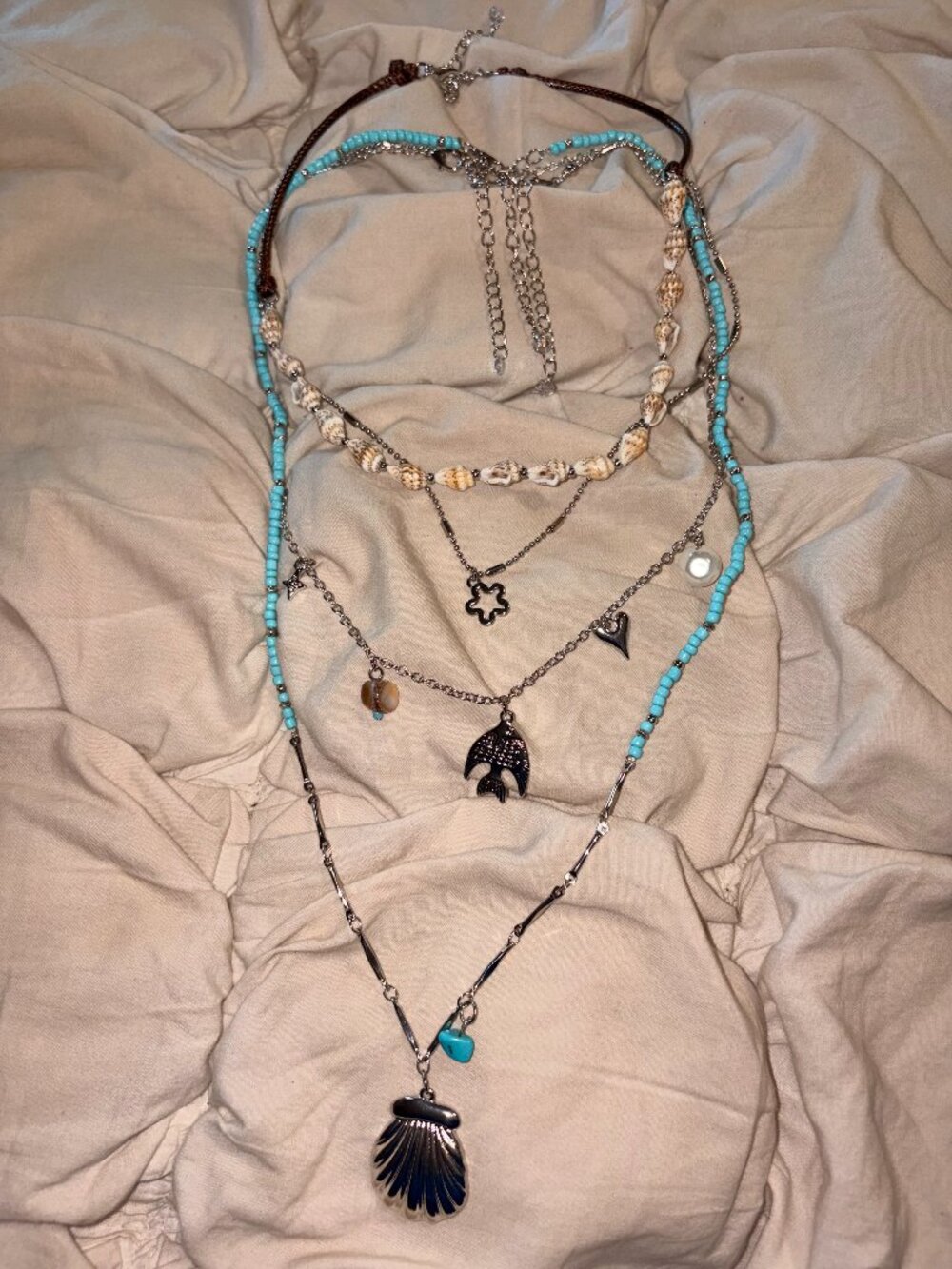 Free People Turquoise Multi Strand Layered Necklace Shell Fish Mermaidcore